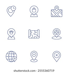 Map icons set. Thin Line style, editable stroke. clock, dog, globe grid, location pin, map, maps, placeholder, remove.