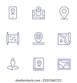 Map icons set. Thin Line style, editable stroke. gps, guide, lifebuoy, location, map, map location, street view, treasure map.
