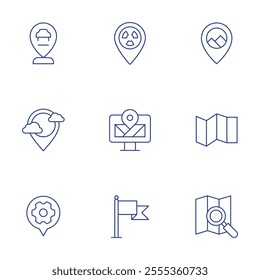 Map icons set. Thin Line style, editable stroke. biohazard, computer, flag, location, map, meeting point, placeholder, resource allocation.