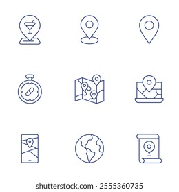 Map icons set. Thin Line style, editable stroke. bar, compass, event, globe, location, map.