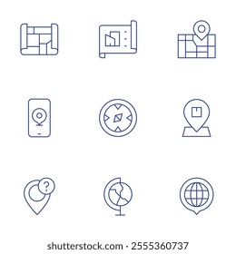 Map icons set. Thin Line style, editable stroke. architecture, city map, compass, distribution, earth, globe, maps, phone, question.