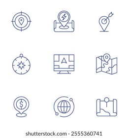 Map icons set. Thin Line style, editable stroke. aim, charging station, compass, direction, dollar, global, location, map.