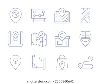 Map icons. Thin Line style, editable stroke. map, map location, marker, mobile map, placeholder, route, shopping bag, store, street.