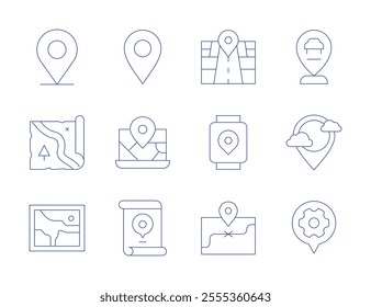 Map icons. Thin Line style, editable stroke. location, location, map placeholder, meeting point, placeholder, resource allocation, smartwatch, street.
