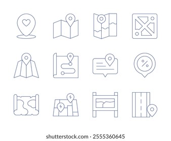 Map icons. Thin Line style, editable stroke. location, marker, map sign, moba, placeholder, road, speech bubble, street map.