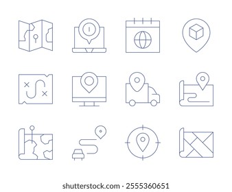 Map icons. Thin Line style, editable stroke. calendar, delivery, geo, location, map, money, placeholder, route.