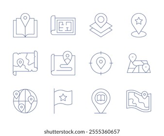 Map icons. Thin Line style, editable stroke. blueprint, customer journey, flag, guide book, library, location, map, travel, treasure map.