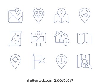 Map icons. Thin Line style, editable stroke. biohazard, computer, flag, gps, hospital, location, map, tracking, treasure map.
