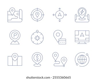 Map icons. Thin Line style, editable stroke. aim, charging station, compass, direction, dollar, global, map, navigation, parking, placeholder, route.