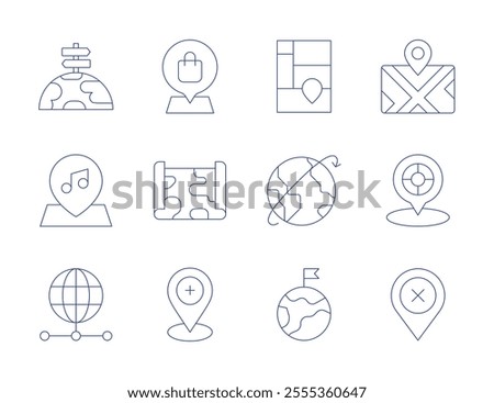 Map icons. Thin Line style, editable stroke. location pin, map, maps, orientation, placeholder, remove, server, treemap chart, visiting, worldwide.