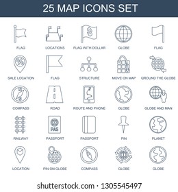 map icons. Trendy 25 map icons. Contain icons such as flag, locations, flag with dollar, globe, sale location, structure, move on map, qround the globe. icon for web and mobile.