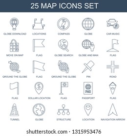 map icons. Trendy 25 map icons. Contain icons such as globe download, locations, compass, globe, car music, move on map, flag, globe search, and man. icon for web and mobile.