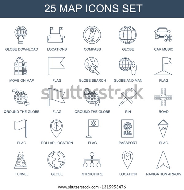 map icons.
Trendy 25 map icons. Contain icons such as globe download,
locations, compass, globe, car music, move on map, flag, globe
search, and man. icon for web and
mobile.