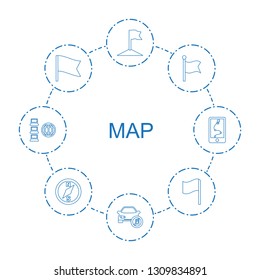 map icons. Trendy 8 map icons. Contain icons such as flag, car music, compass, internet, route and phone. map icon for web and mobile.