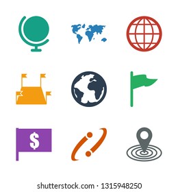 map icons. Trendy 9 map icons. Contain icons such as map location, planet and satellite, flag with dollar, flag, planet, locations, globe, world map. icon for web and mobile.