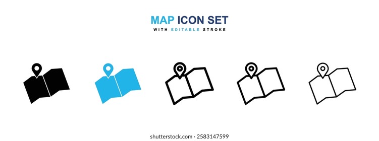 Map icons vector collection in black and blue colors on white background