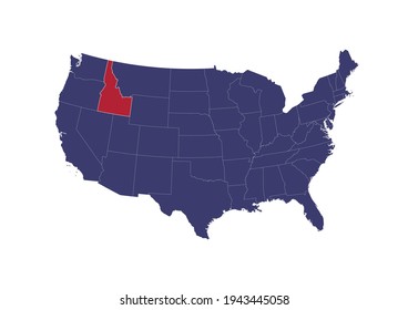 Map of Idaho. The map is colored in the colors of the US flag. Map shows the location of Idaho in the USA. This file is appropriate for digital editing and prints of all sizes.