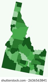 Map of Idaho with counties. Just a simple state border map with county division. Green color palette. Plain State of Idaho shape with administrative division. Vector illustration.