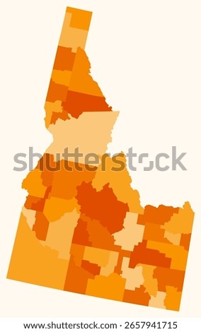 Map of Idaho with counties. Just a simple state border map with county division. Orange color palette. Flat State of Idaho shape with administrative division. Vector illustration.
