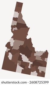 Map of Idaho with counties. A simple state border map with county divisions in a brown color palette. Vector illustration.