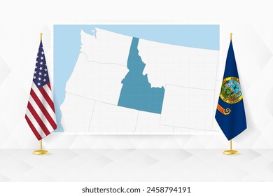 Map of Idaho and flags of Idaho on flag stand. Vector illustration for diplomacy meeting.