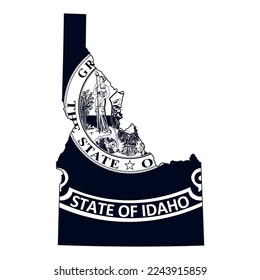 Map of the Idaho state with the official flag in white and black colors isolated on white background. Vector illustration