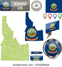 Map of Idaho state, US with flag and counties. Vector image