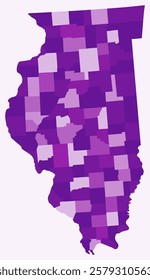 Map of Illinois with counties. Just a simple state border map with county division. Purple color palette. Flat State of Illinois shape with administrative division. Vector illustration.