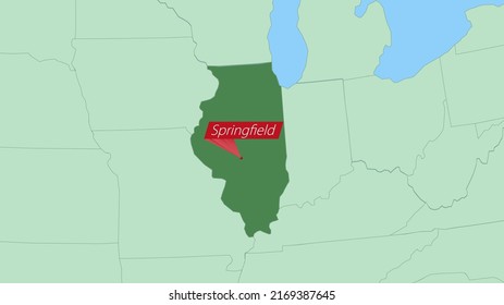 Map of Illinois with pin of country capital. Illinois Map with neighboring countries in green color.