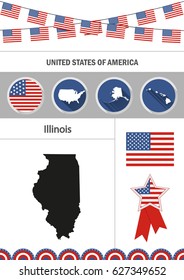 Map of Illinois. Set of flat design icons nfographics elements with American symbols.