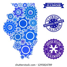Map of Illinois State created with blue gear symbols, and isolated grunge seals for official repair services. Vector abstract mosaic of map of Illinois State with repair symbols in blue color hues.