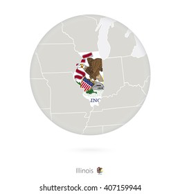 Map of Illinois State and flag in a circle. Illinois US State map contour with flag. Vector Illustration.