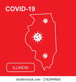 Map of Illinois State labeled "COVID-19". White outline map on a red background. Vector illustration of a virus, coronavirus, epidemiology.
