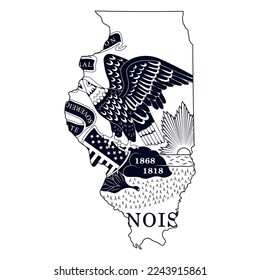 Map of the Illinois state with the official flag in white and black colors isolated on white background. Vector illustration svg