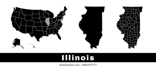 Karte des Bundesstaates Illinois, USA. Illinois-Karten mit Umriss-Landkarte, Bezirken und US-Bundesstaaten. Schwarz-Weiß-Vektorgrafik.