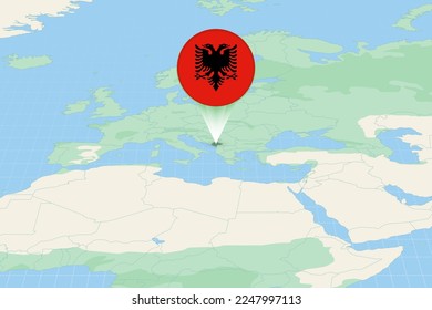 Map illustration of Albania with the flag. Cartographic illustration of Albania and neighboring countries. Vector map and flag.