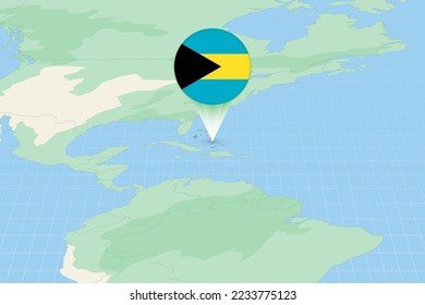 Map illustration of The Bahamas with the flag. Cartographic illustration of The Bahamas and neighboring countries. Vector map and flag.