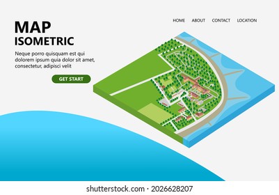 Map illustration of building location, trees, buildings, parking lots, roads. suitable for landing pages, headers, flyers, banners, infographics and other graphic assets in an isometric vector style