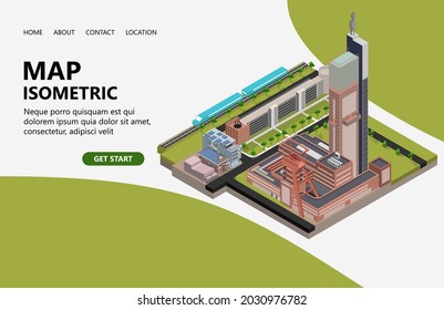 Map illustration of a building, trees, buildings, parking lots, roads. suitable for landing pages, headers, flyers, banners, infographics and other graphic assets in an isometric vector style