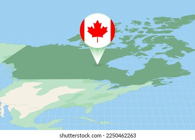 Map illustration of Canada with the flag. Cartographic illustration of Canada and neighboring countries. Vector map and flag.