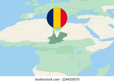 Map illustration of Chad with the flag. Cartographic illustration of Chad and neighboring countries. Vector map and flag.