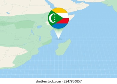 Map illustration of Comoros with the flag. Cartographic illustration of Comoros and neighboring countries. Vector map and flag.