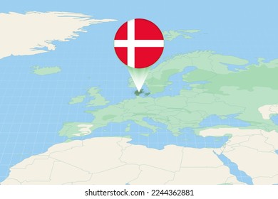 Map illustration of Denmark with the flag. Cartographic illustration of Denmark and neighboring countries. Vector map and flag.
