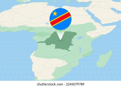 Mapa ilustrativo de la RD Congo con la bandera. Ilustración cartográfica de la República Democrática del Congo y países vecinos. Mapa de vectores y bandera.