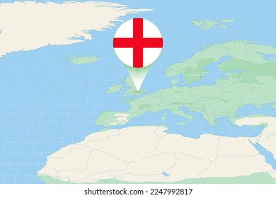 Map illustration of England with the flag. Cartographic illustration of England and neighboring countries. Vector map and flag.