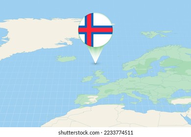 Map illustration of Faroe Islands with the flag. Cartographic illustration of Faroe Islands and neighboring countries. Vector map and flag.