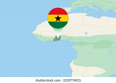 Map illustration of Ghana with the flag. Cartographic illustration of Ghana and neighboring countries. Vector map and flag.