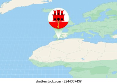 Map illustration of Gibraltar with the flag. Cartographic illustration of Gibraltar and neighboring countries. Vector map and flag.