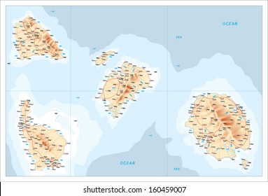 Map illustration of a group of unidentified islands with mountains, roads and cities.