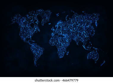 Map Illustration Icon, Blue Color Lights Silhouette on Dark Background. Glowing Lines and Points